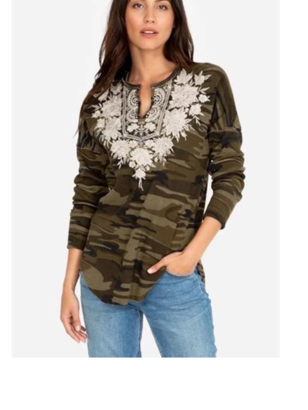 Johnny Was small Embroidered Camo Long-Sleeve Top - Olive thermal